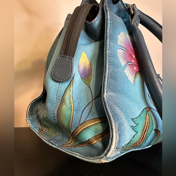 Anuschka Hand Painted Leather Teal Floral Tote Shoulder Handbag Purse - Picture 14 of 16
